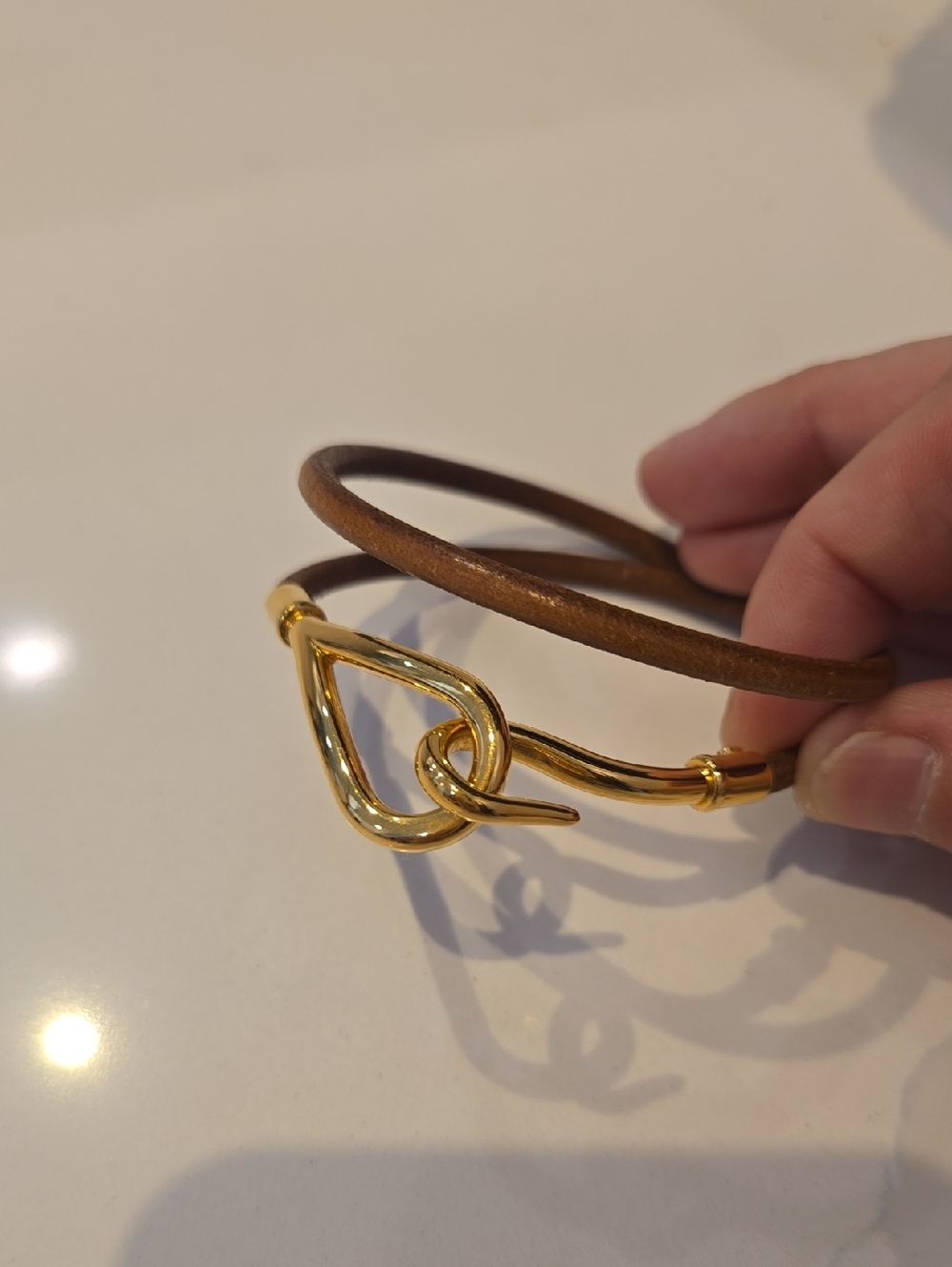 Hermes Gold-Tone Hook Brown Leather Double-Wrap Bracelet, VGUC, Quiet Lux